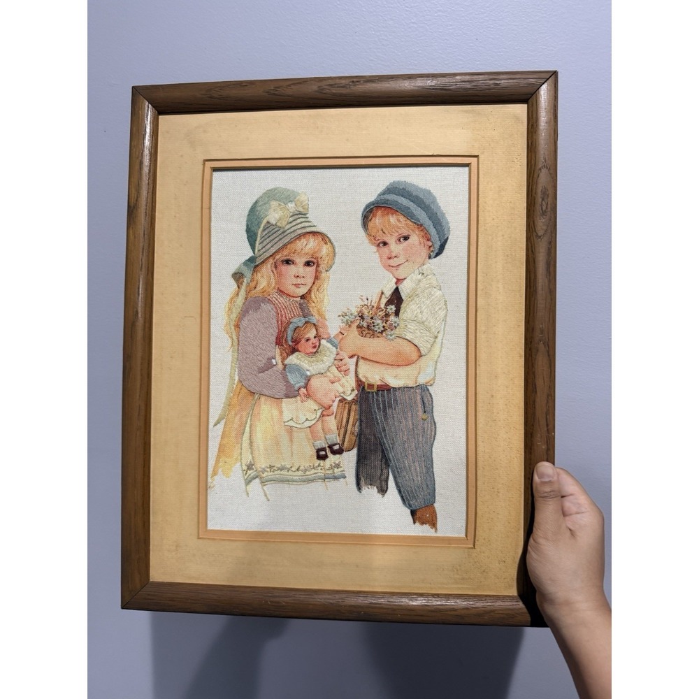 VTG  Cross Stitch Art  Handmade Girl Boy Doll Framed ~ No Glass‎ 16x20"
